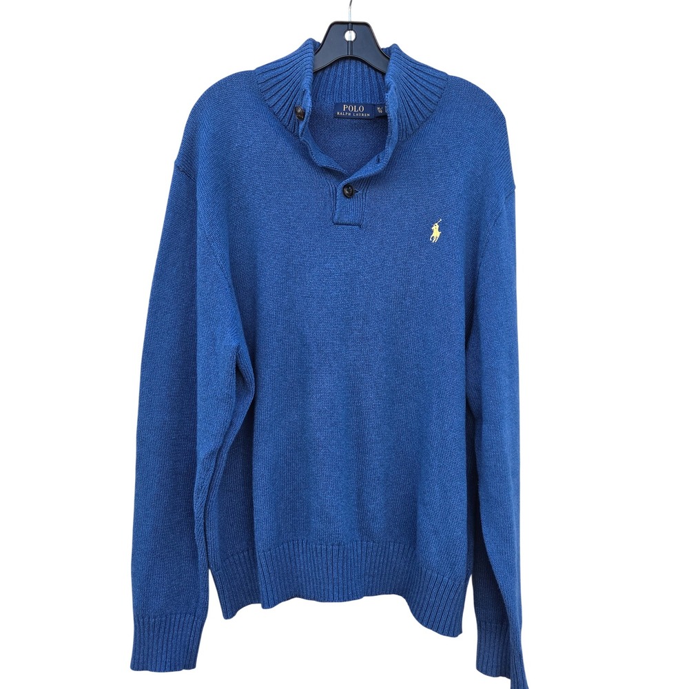 Polo Ralph Lauren Mens XL Blue Cotton Button Mock Neck Sweater Preppy Pony Logo